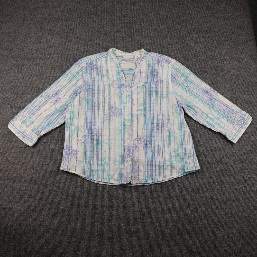 Alfred Dunner Shirt Womens Petite 16P Striped Floral 3/4 Sleeve Mandarin Collar